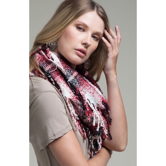 SOLD OUT Red & Navy Plaid Infinity Soft Long Tassel Scarf - Picture 2 of 3